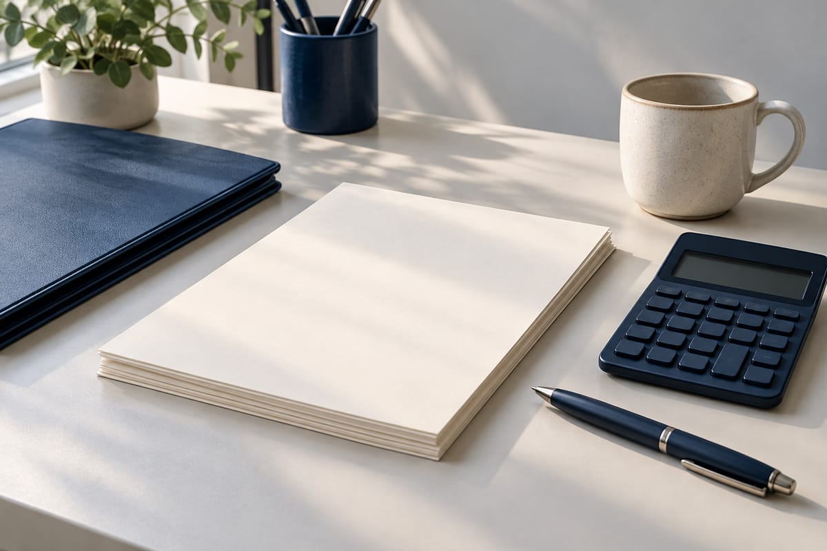 Organized billing desk with blank papers and calculator